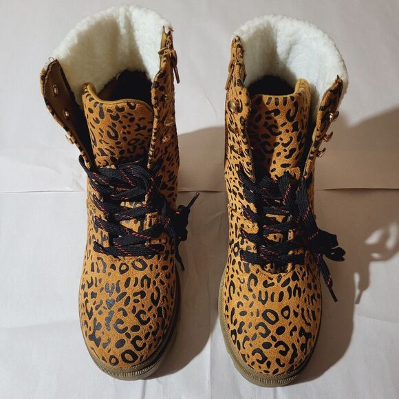 Olivia Miller Ariel Womens 8.5 Combat Boots Leopard Print Faux Suede- Fur Brown - Picture 9 of 14